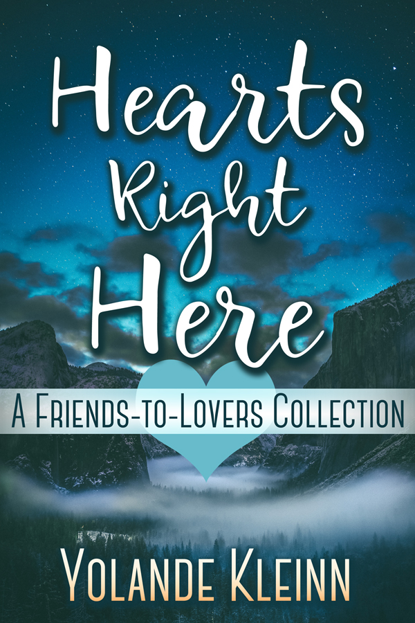Book Cover White Script on Blue Canyon: Hearts Right Here, a friends-to-lovers collection