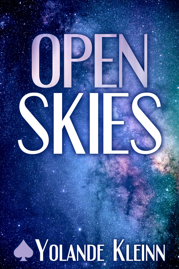 Book cover white and lavender font on blue and black starscape: Open Skies