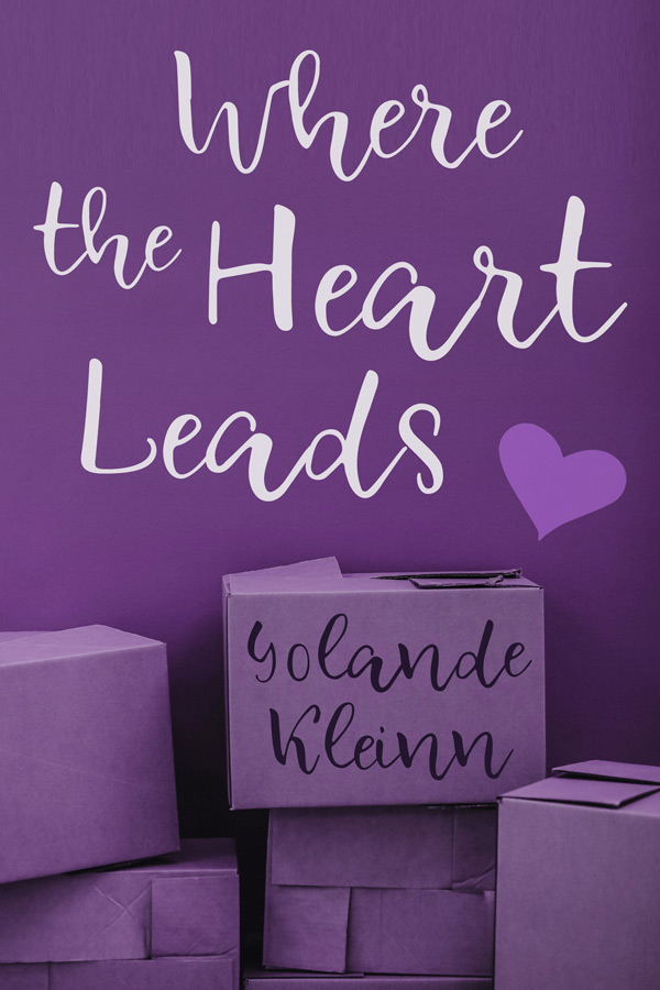 Where the Heart Leads: white script font on a plain purple background above a stack of cardboard boxes